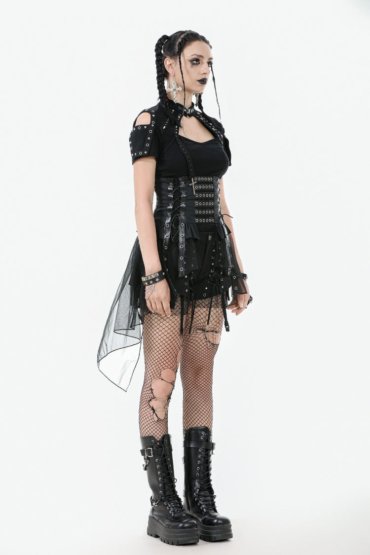 Black High Waisted Lace-Up High/low Mesh Women's Punk Skirt