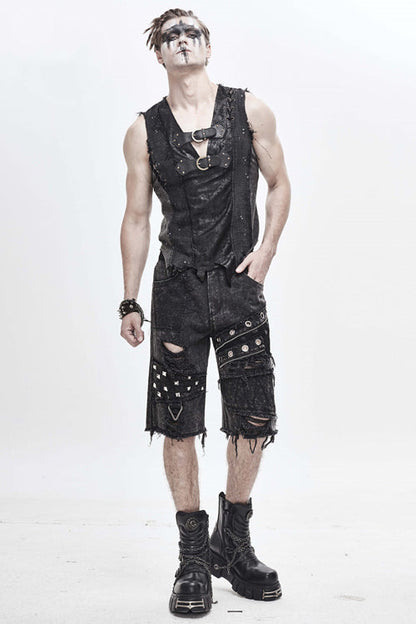 Black Decadence Punk Rock Nailed Ragged Shorts Mens Pants