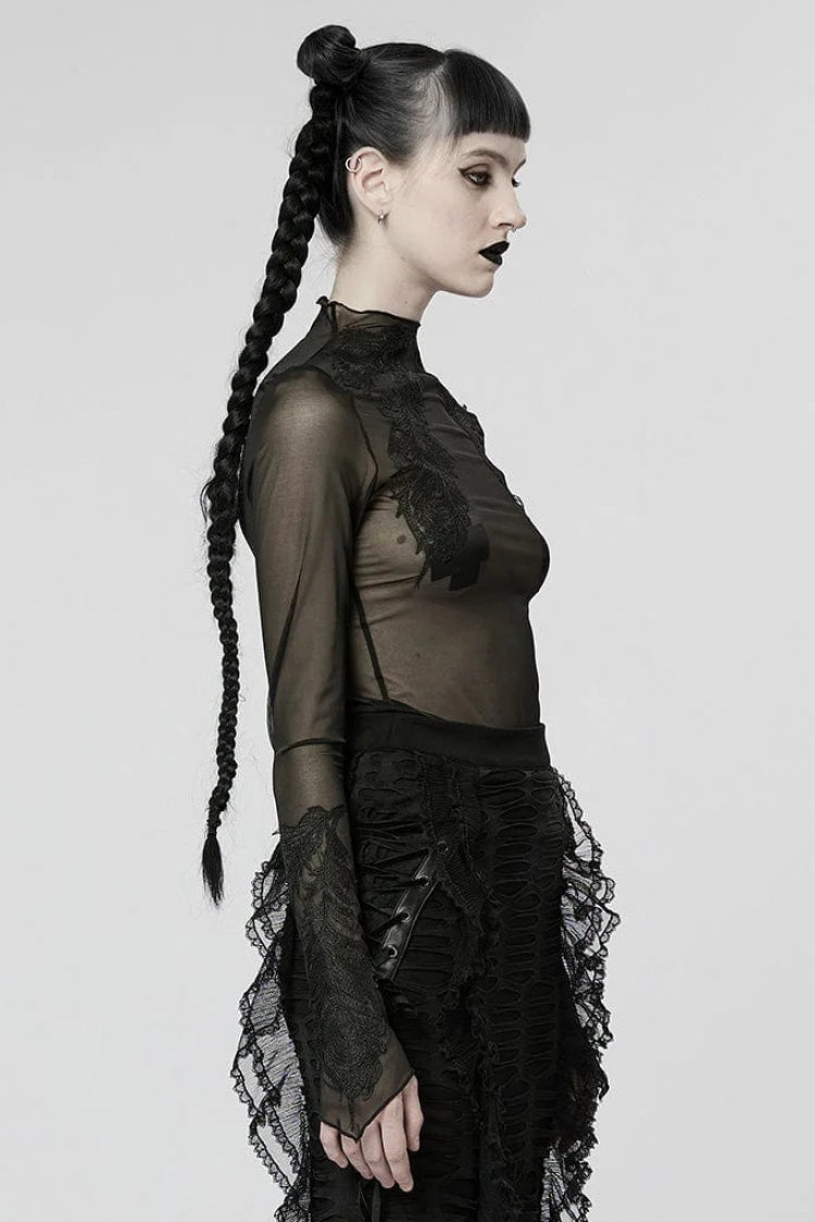 Black Mid High Collar Long Sleeves Slim Mesh Womens Gothic Blouse