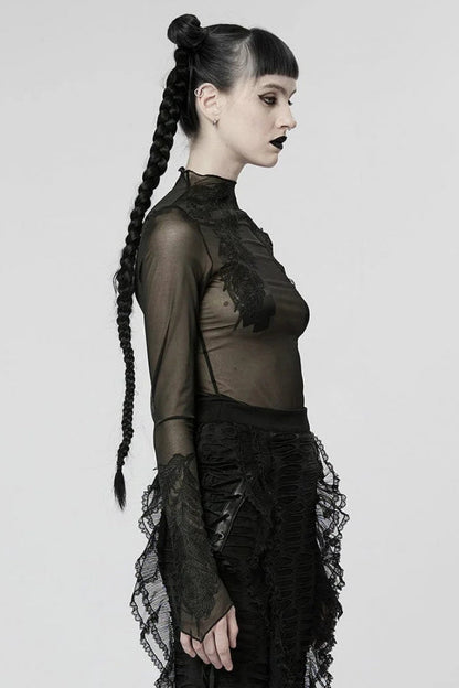 Black Mid High Collar Long Sleeves Slim Mesh Womens Gothic Blouse