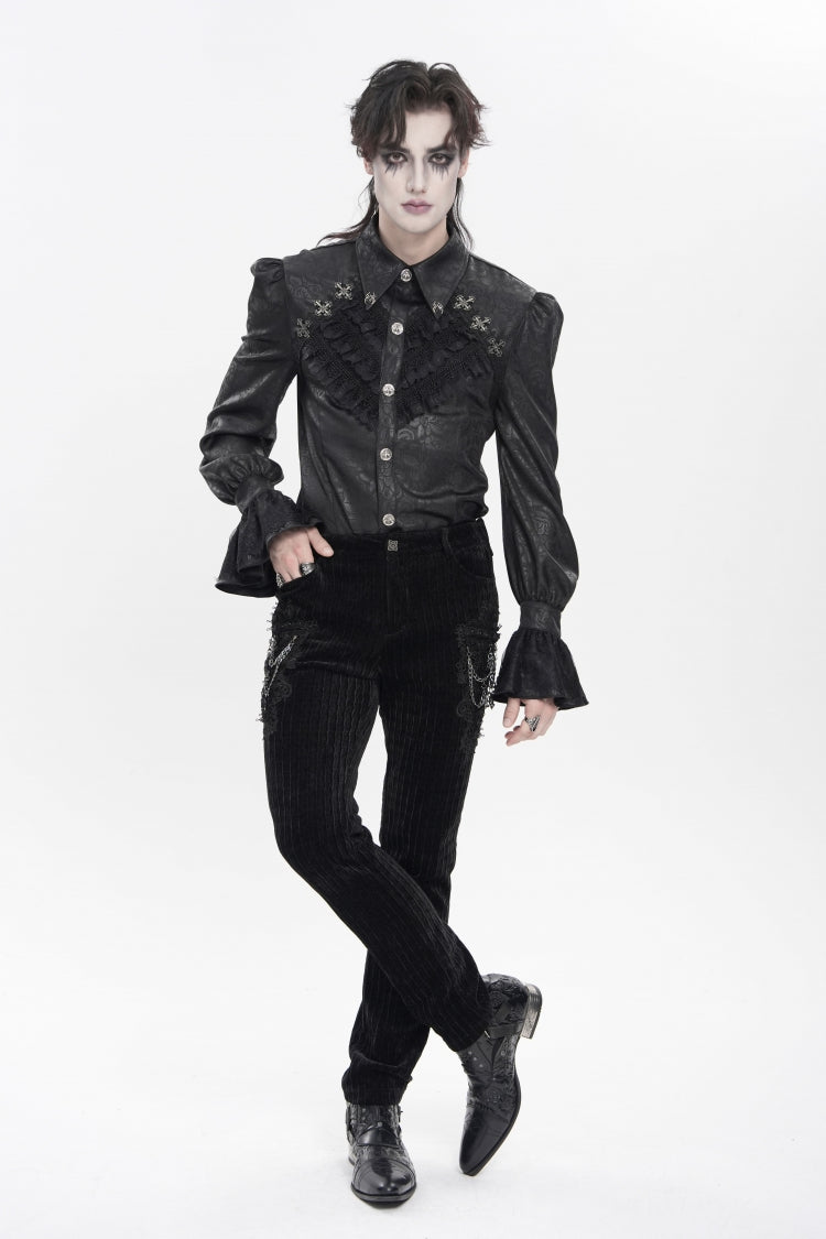 Black Cross Spider Turn-down Collar Long Trumpet Sleeves Printed Lace Men's Gothic Shirt