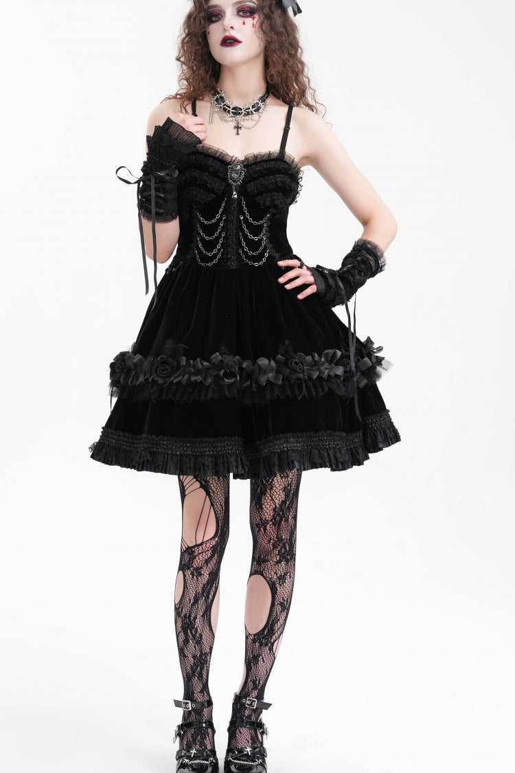 Black Chain Ruffle Lace Women's Gothic Slip Dress