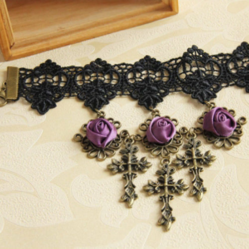 Black Lace Retro Wedding Cross Purple Rose Flower Female Gothic Lolita Armband Bracelet