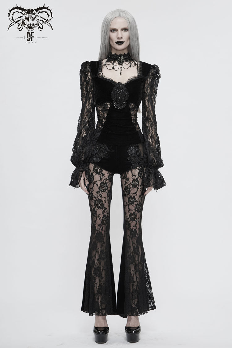Black Front Chest Decals Lantern Sleeve Lace Cuff Back Lace-Up Knitted Velvet Women's Gothic T-Shirt
