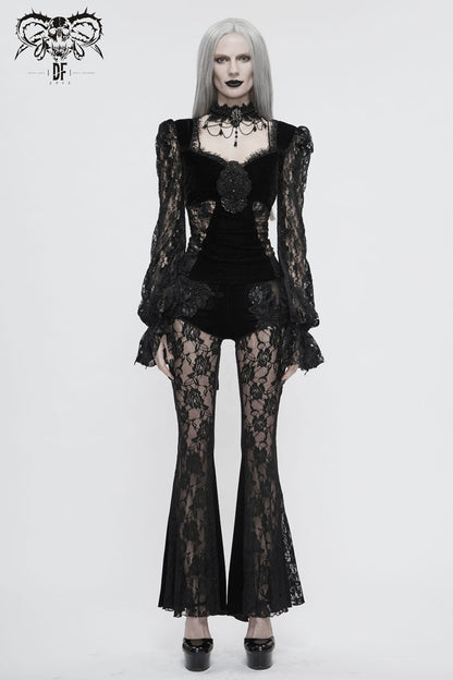 Black Front Chest Decals Lantern Sleeve Lace Cuff Back Lace-Up Knitted Velvet Women's Gothic T-Shirt