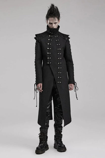 Black Horizontal Stripes Print Stitching Side Eyelet String Decoration Mens Gothic Long Coat