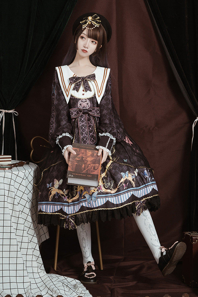 Black Navy Collar Long Sleeves Butterfly Print Ruffle Bowknot Gothic Elegant Princess Lolita Dress