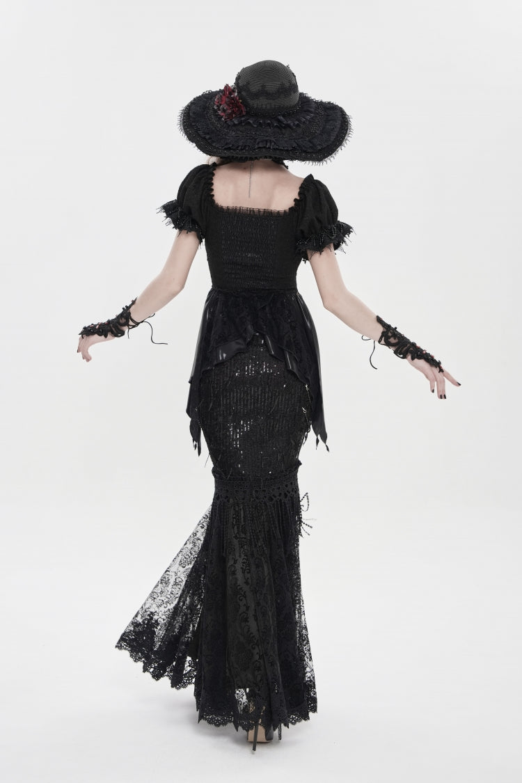 Black Double-Layered Embroidered Lace Slim Pearl-Decorated Women's Gothic Skirt
