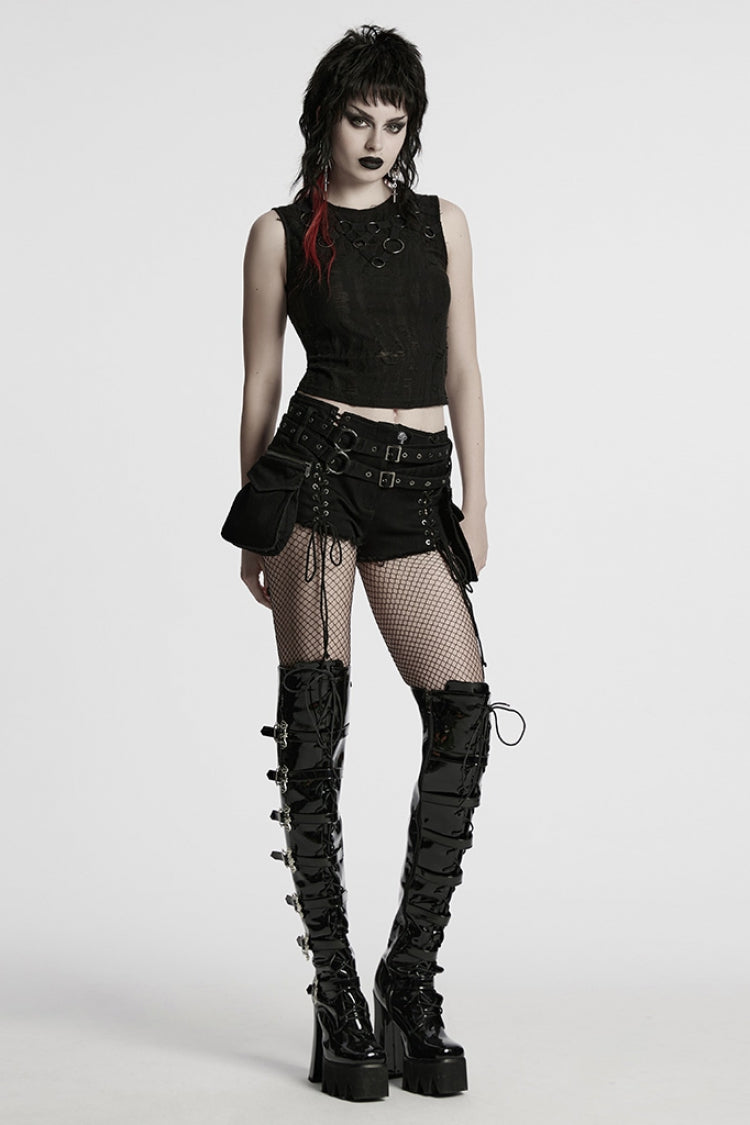 Black Lace-Up Women's Punk Denim Shorts with Detachable Pocket