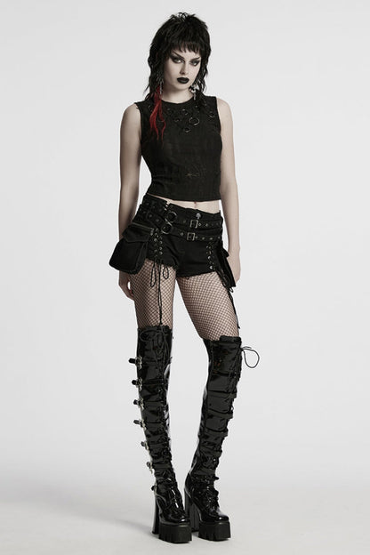 Black Lace-Up Women's Punk Denim Shorts with Detachable Pocket