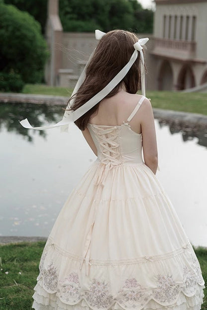 Apricot [Fantasy Butterfly] Triple-Layered Ruffle Embroidery Bowknot Lace Sweet Princess Lolita Jsk Dress