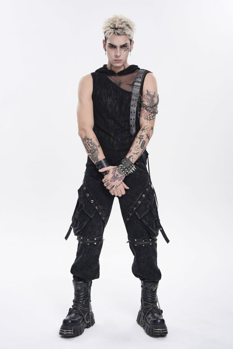 Black Hooded Sheer Asymmetric Chain-Decorated Men's Punk Hooded Vest