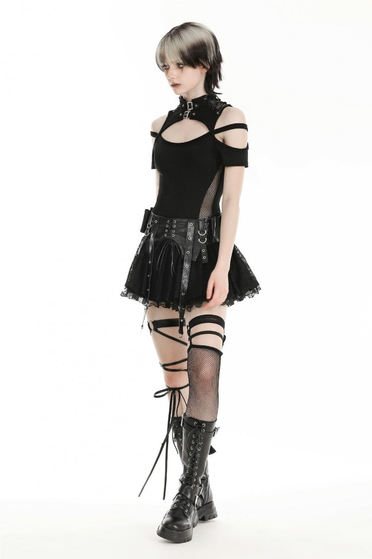 Black Faux Leather Spliced Lace Lace-Up Women's Punk Mini Skirt