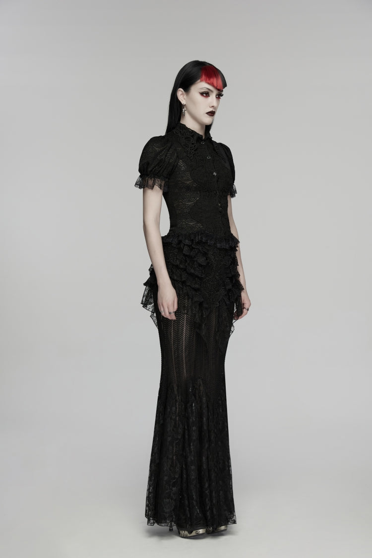 Black Lapel Collar Short Puff Sleeves Cut-Out Lace Lace-Up Slim Women's Gothic Blouse