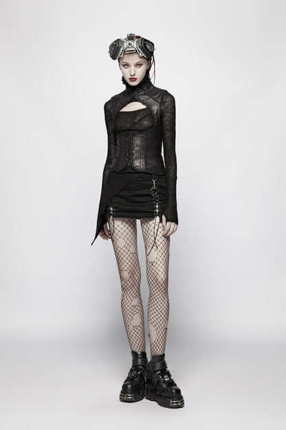 Black Back Waist Lace Up High Collar Front Metal Rivet Chest Hollow-Out Women's Punk Floral Vest