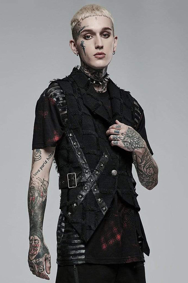 Black Gothic Asymmetrical Decadence Hairy Flu Back Cutout Design Leather Strip Metal Rivets Men's Vest