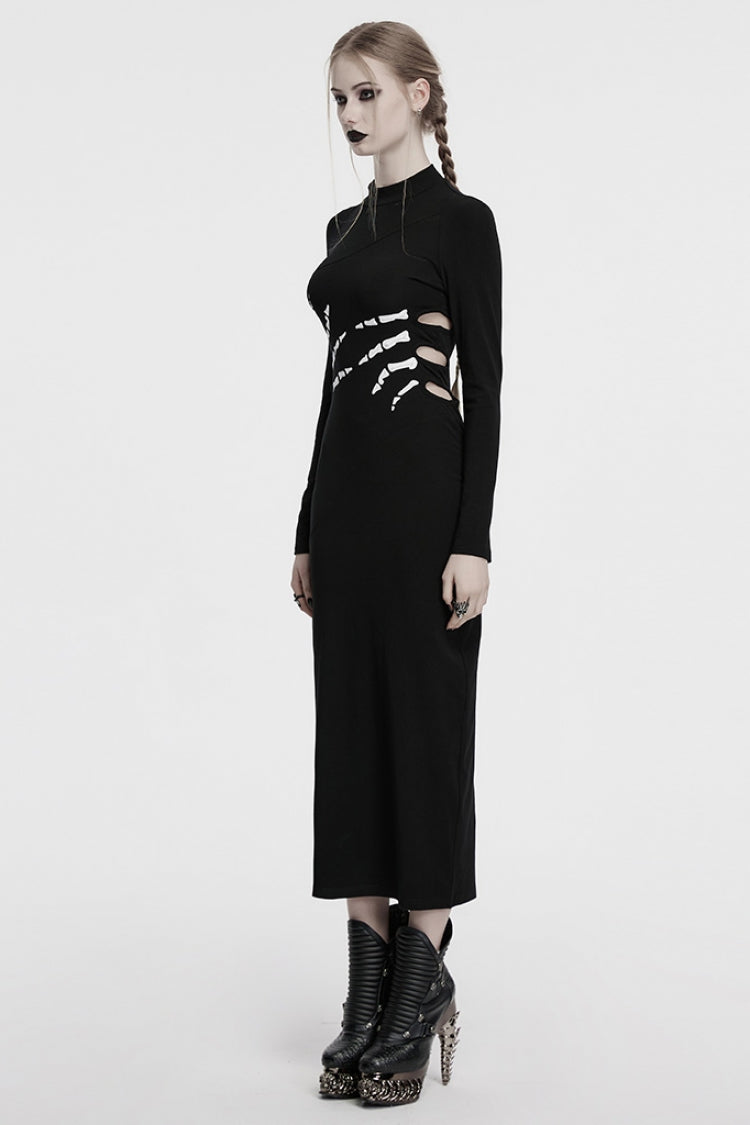 Black Long Sleeves Skeleton Print Cutout Hollow Women's Gothic Dress