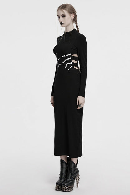 Black Long Sleeves Skeleton Print Cutout Hollow Women's Gothic Dress