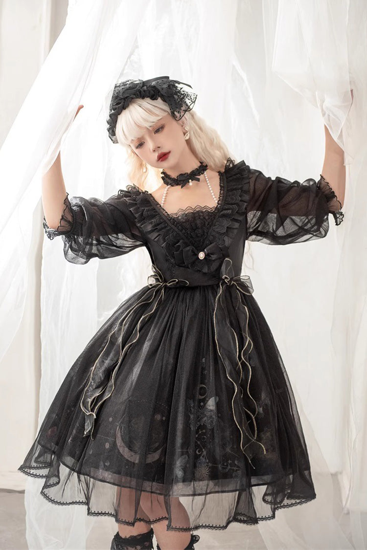 Black High Waisted Planet Butterfly Print Ruffle Lace Gothic Lolita Dress