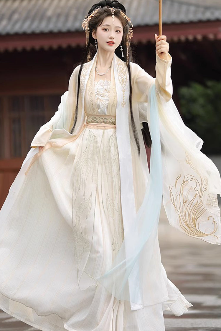 Beige Long Sleeves High Waisted Jacquard Print Embroidery Women's Sweet Hanfu Dress Full Set