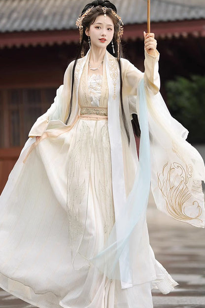 Beige Long Sleeves High Waisted Jacquard Print Embroidery Women's Sweet Hanfu Dress Full Set