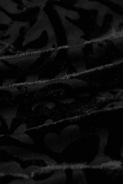 Black High Collar Long Sleeves Floral Print Hollow Stitching Irregular Hem Womens Gothic Blouse