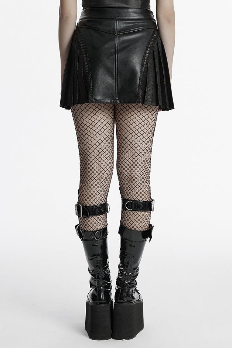 Black Faux Leather Pleated Stitching Women's Punk Skirt