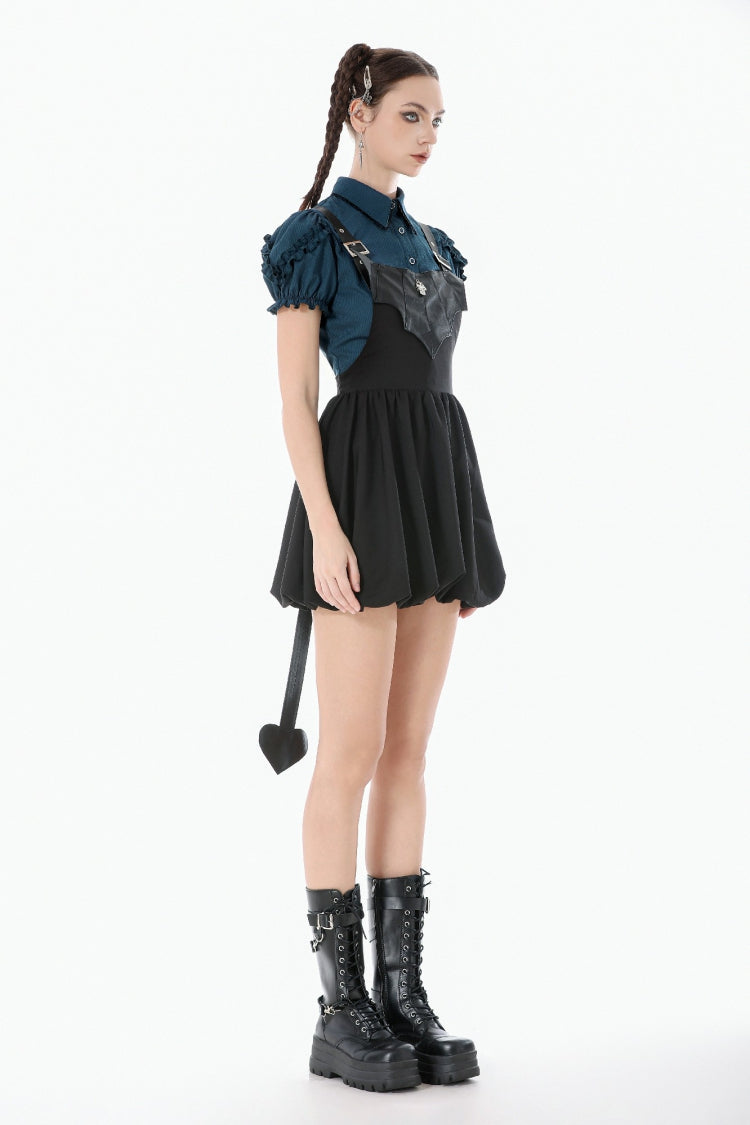 Black Bat Wing Buckled Women's Gothic Suspender Dress Graduation Dress with Tail