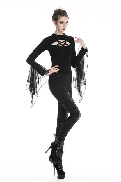 Black Floral Cut-Out Lace-Up Women's Gothic Leggings