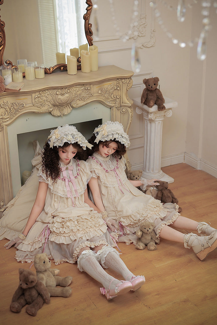 Apricot [Lily's Dream] Stand Collar Short Sleeves Loose-Fit Doll-Like Multi-Layered Ruffled Bow Lace Sweet Lolita Dress 2 Versions