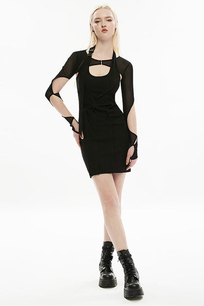 Black Adjustable Sexy Halter Sleeveless Personality Three-Dimensional Pleated Stretch Comfortable Women's Gothic Dress