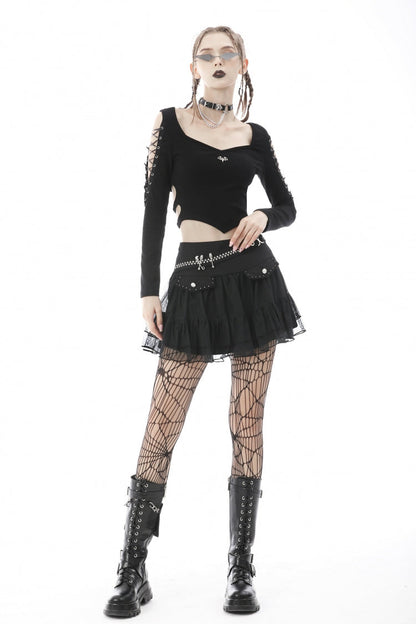 Black Long Sleeves Irregular Strappy Bat Women's Punk Crop Top