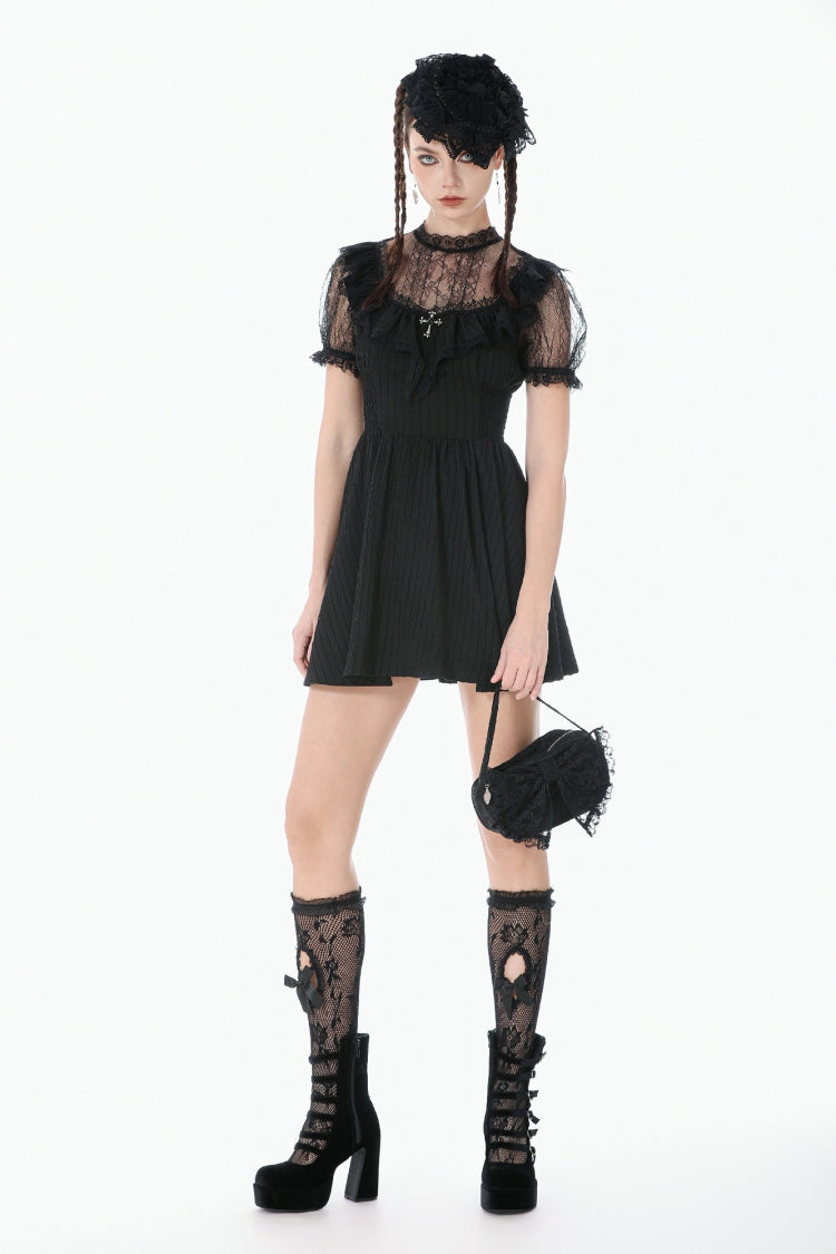 Black Lace Short Sleeves Cross Ruffled Women's Gothic Graduation Dress