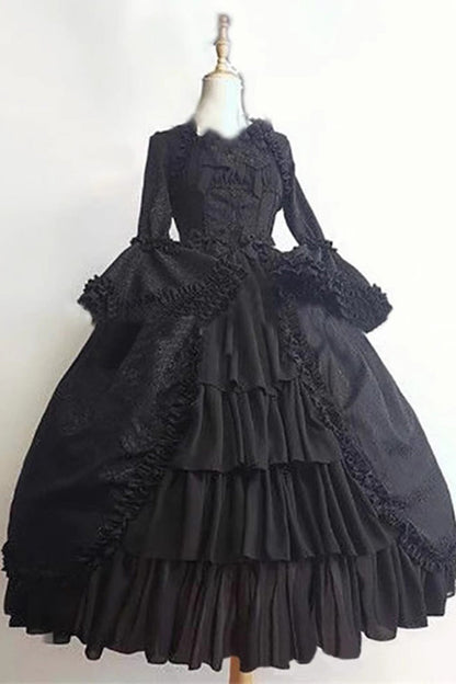 Black Long Hime Sleeves Multi-Layered Ruffle Cardigan Bowknot Gothic Plus Size Lolita Dress