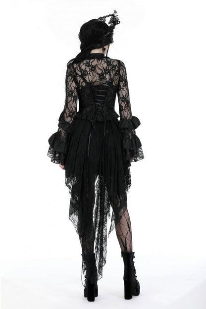 Black Multi-Layered Long Trumpet Sleeves Lace Lace-Up Women's Gothic Top