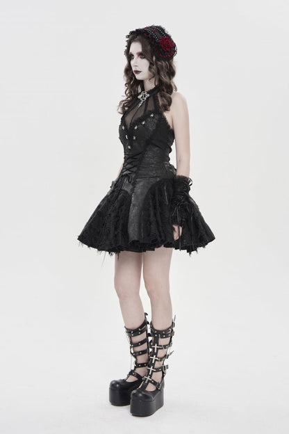 Black Off Shoulder Sleeveless Printed Spliced Lace Lace-Up Pleated Women's Gothic Dress
