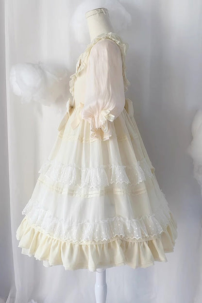 Beige Lace Cool Angel Short Sleeves Bowknot Ruffle Sweet Lolita Dress