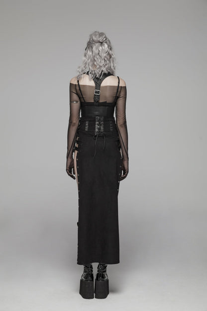 Black Metal Buckle PU Leather Buckle Lace-Up Sheer Women's Steampunk Long Skirt