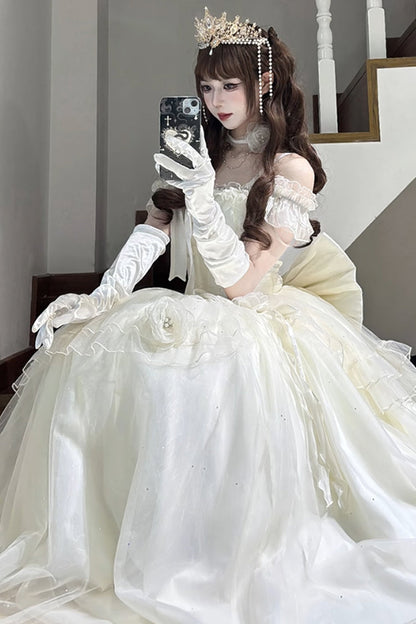 Apricot [Bright Stars] Off Shoulder Ruffle Bowknot Asymmetric Sweet Elegant Princess Lolita Dress