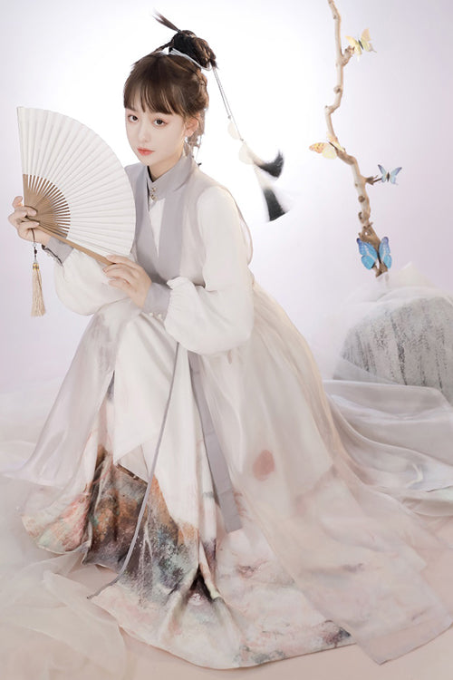 Beige Original Chinese Style Elegant Ink Printing Classic Lolita Hanfu Dress Full Set
