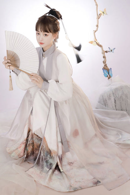 Beige Original Chinese Style Elegant Ink Printing Classic Lolita Hanfu Dress Full Set