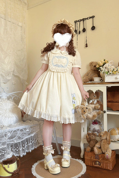 Apricot [Sweet Dream Bunny] Doll Collar Short Sleeves Ruffle Embroidery Bowknot Sweet Plus Size Lolita Dress