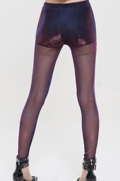 Black Color Changing Mesh Splicing Wavy Mesh Surface Women's Punk Leggings