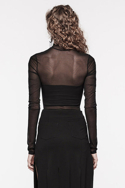 Black Long Sleeves Floral Embroidery Mesh Women's Gothic Blouse