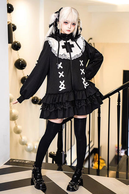 Black Long Sleeves Ruffle Zipper Sweet Handsome Lolita Sweatshirt Coat