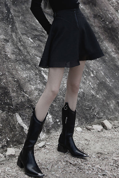 Black Chiffon Plaid Large-Hole Mesh Stitching V-Word Segmentation Design Sun-Hem Women's Punk Skirt