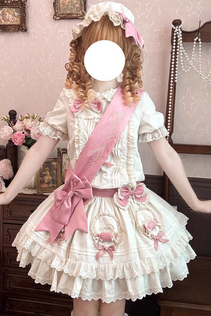 Apricot [Candy Paradise] Doll Collar Short Sleeves Double-Layered Ruffled Bow Sweet Lolita OP Dress