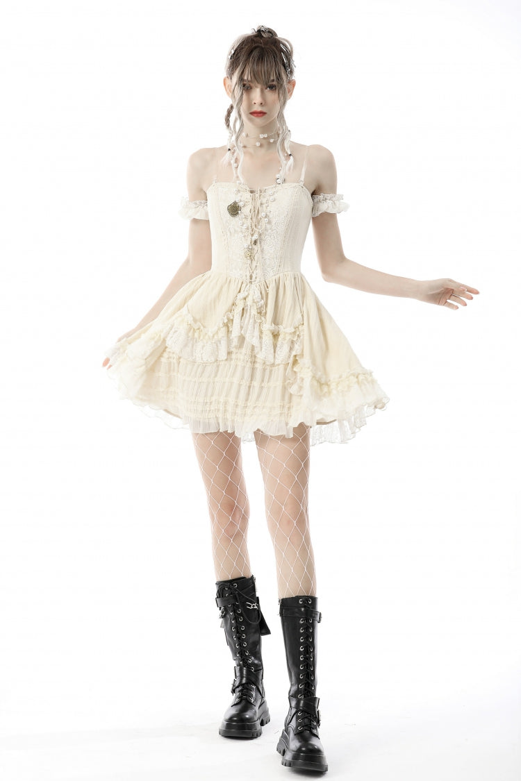 Apricot Short Sleeves Multi-Layered Ruffled Lace Women's Steampunk Slip Graduation Dress