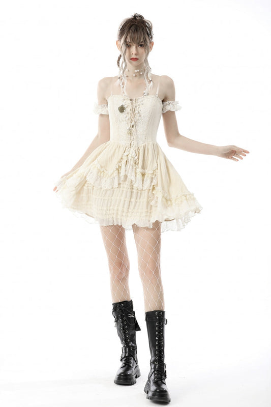 Apricot Short Sleeves Multi-Layered Ruffled Lace Women's Steampunk Slip Graduation Dress