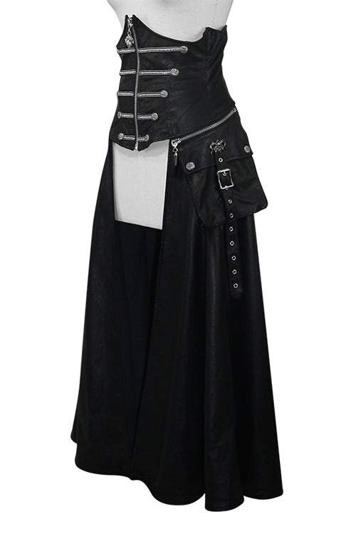 Black Chain Shaped Ribbons Zipper Up Leather Big Swing Punk Womens Half Skirt